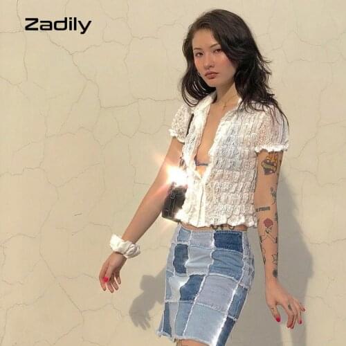 Zadily Short Sleeve Plaid Lace White Women Shirt Sexy Hollow Out Transparent Button Up Ladies Crop Top 2021 Summer Club Clothing