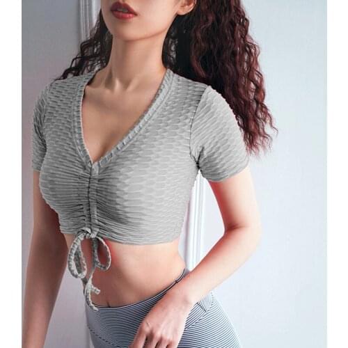 Womens Sport Wear Bubble Drawstring Deep collar Short Sleeves Fitness Running Seamless Slim Yoga Top Breathable Sexy Workout