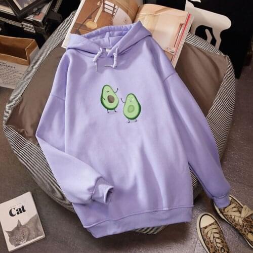 Korean Style Avocado Sweatshirts Women Long Sleeve Warm Cartoon Graphic Hoodies Coat Pullover Sportswear Tracksuit Top Female