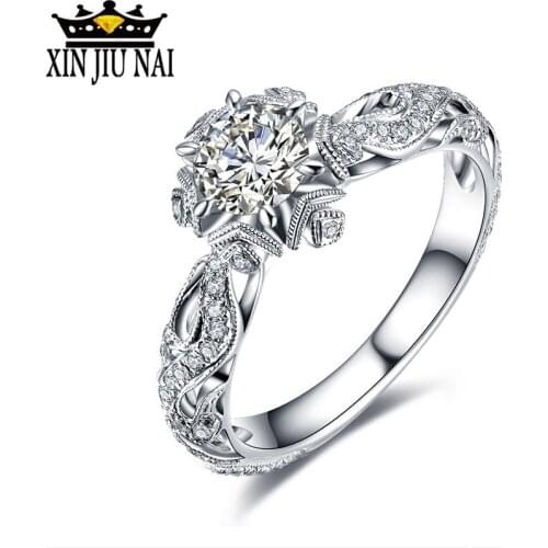 Women Handmade Fashion Jewelry 925 Silver Round Cut White Clear 5A CZ Zirconia Women Wedding Band Flower Ring Gift