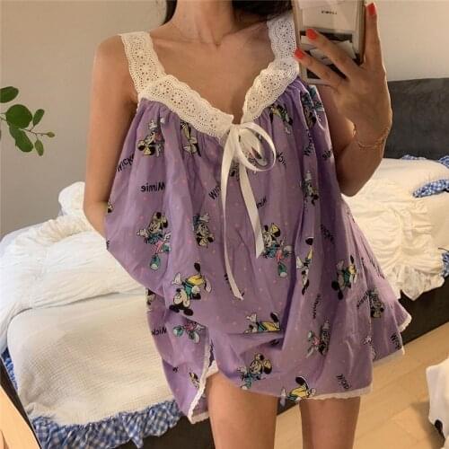 2021 new cartoon home purple print V-neck suspender lace vest + elastic waist casual pants pajamas suit women