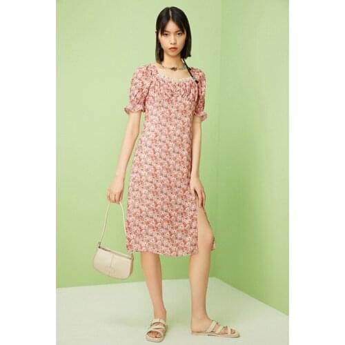 Womens Summer Dress Floral Casual Womens Dresses Split Woman Beach Dress Short Sleeve Folds Elegant Dresses Summer 2021 Ladies