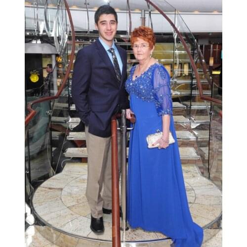 Elegant Long Sleeve Chiffon Mother of Bride Dresses A-Line Floor Length Zip Lace Blue Abendkleider Robes de Soirée for Women