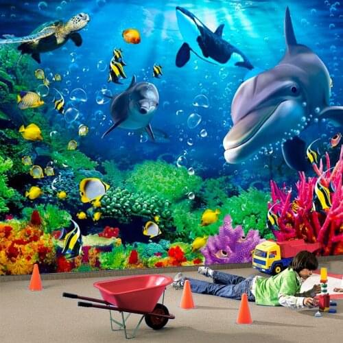3D Wallpaper Modern Underwater World Dolphin Wall Cloth 3D Cartoon Children Kids Bedroom Backdrop Home Decor Murals Wall Papers