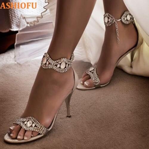 ASHIOFU Handmade Womens New High Heel Sandals Simple Party Prom Summer Sandals Fashion Evening Shoes