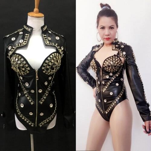 Women Singers Costume Black Leather Bodysuit Metal Jewelry Nightclub DJ DS Gogo Clothing Adult Sexy Club Stage Outfit VDB2455