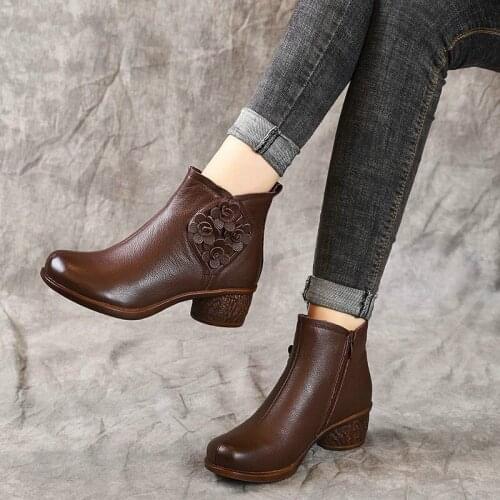 Spring Autumn Women Boots Genuine Leather Thick Heels Ankle Boots For Women Shoes Retro Flower Zipper Short Boots
