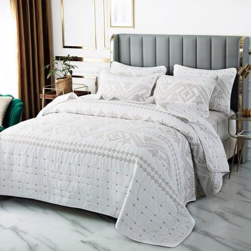 White Bedspreads Embroidery Quilts For Bed 3pc Cotton Quilt Set Quilted Bed Cover Pillowcase Blanket King Queen Coverlet CHAUSUB