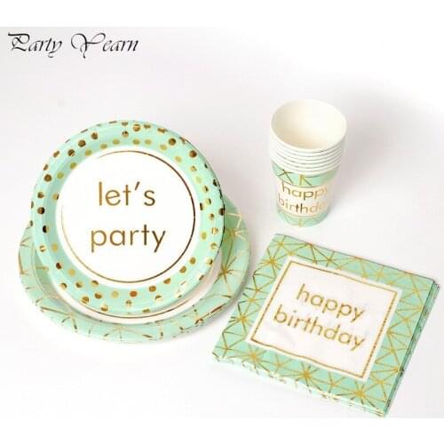 Lets Party Green Glitter Gold Disposable tableware Plate Cup Napkins Dot for baby birthday party Wedding Christmas decoration