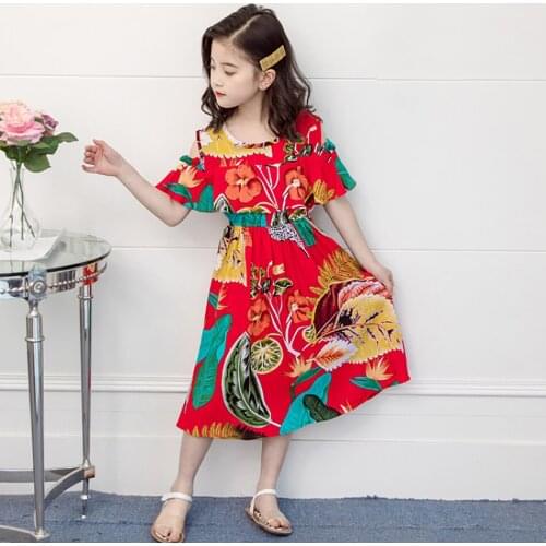 Kidswant Bohemian Summer Girl Dresses 2021 New Arrival Kids Short Sleeve Ruffle Beachwear Floral Clothing 4-14T