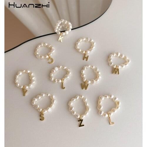 HZ 2021 New Retro Natural Freshwater Pearl Beads Letter Minimalist Elastic Rings for Women Girls Couple Gifts Jewelry