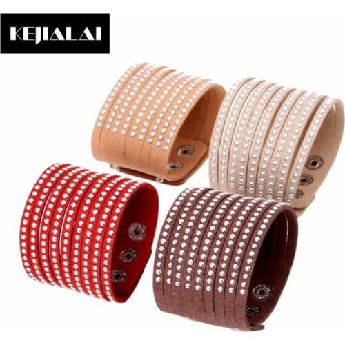 KEJIALAI Simple Style Fashion Women Bangle Bracelet Leather Paved with Rhinestone and Crystal Wrap Wristband Charm Bracelet Gift