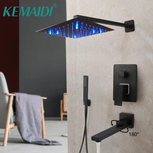 KEMAIDI Matte Black 8 12 16 Inch LED Shower Faucet Rainfall Bathtub Rain Square Shower Head Kits Swivel Spout Shower Faucet Set
