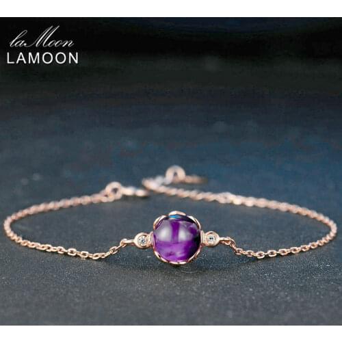 LAMOON 8mm 2.1ct 100% Natural Roundness Purple Amethyst 925 Sterling Silver Jewelry Charm Bracelet LMHI035