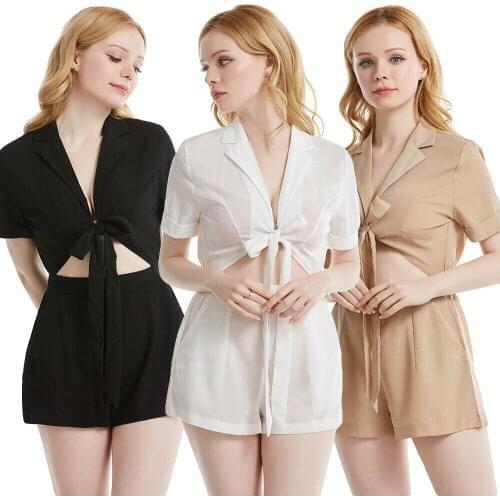 Summer Fashion V-neck Sexy Holiday Playsuit Wide Leg Rompers Womens Beach Shorts Jumpsuit Solid Color Overalls Playsuits Femme