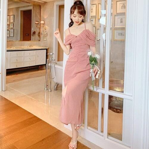 Fashion Summer Vintage Strapless Sleeveless Midi Party Dress Ladies Streetwear Elegant Casual Dot Pink Folds Ruffle Split Dress