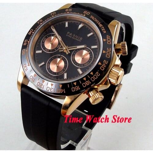 Luxury Parnis 39mm watch men gold waterproof black dial bezel rubber strap Full Chronograph luminous sapphire Quartz stop 1184