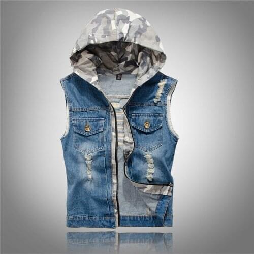Mens Blue Denim Vest Jacket with Detachable Hat Casual Denim Vests Men Retro Camouflage Slim Fit Male Jeans Tank Top Plus Size