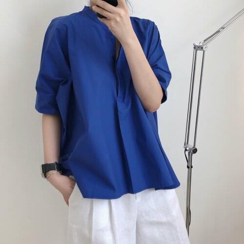 New high quality ins simple and fashionable stand collar shirt loose and slim all-match cotton plain shirt female 0711
