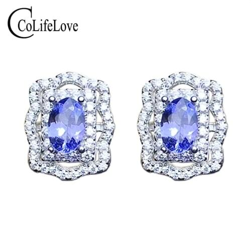 Dazzling tanzanite silver stud earrings for wedding 4 mm * 6 mm VS natural tanzanite earrings solid 925 silver tanzanite jewelry