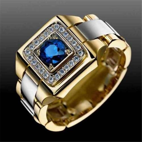 Luxury Mens Fashion Gold Plated Ring Fashion Jewelry Accessories Mens Business Ring Blue Gem Ring Valentines Day Gift
