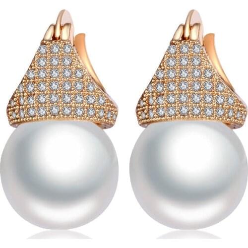 Luxury Cubic Zirconia Crown Stud Earrings with Pearls Gold Natural Freshwater Pearl Earrings for Women Jewelry Girls Gift