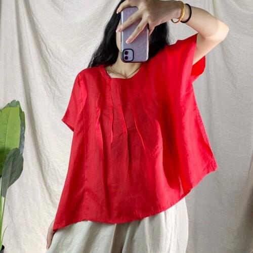 21New Women Shirts Summer Sweet Style Loose Solid Color Folds Oversize Female Fashion Ramie Tops Tide