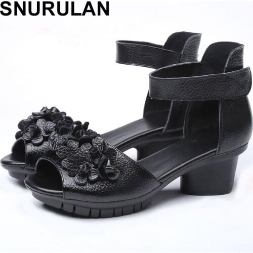 SNURULAN High quality Genuine leather shoes summer sandals For Woman Med heels shoes fashion Floral Shoes women party GiftE490