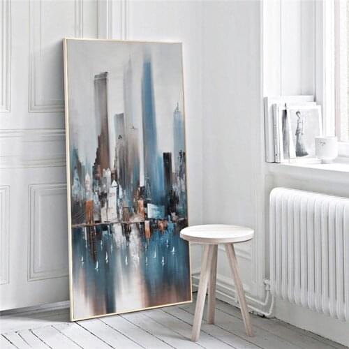 Contempary Blue Abstract City Building Oil Painting on Canvas Posters and Prints Scandinavian Wall Art Picture for living room