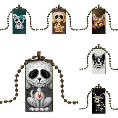 Glass Cabochon Pendant Necklace Rectangle Fashion Necklace For Women Boston Terrier Day Of The Dead Sugar Skull Dog