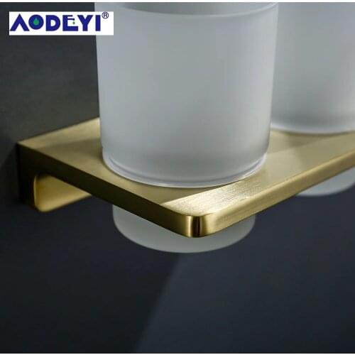 High Quality Double Toothbrush Glasses Cups Brass Brushed Gold Toorhbrush Cup Holders Bathroom Accessories