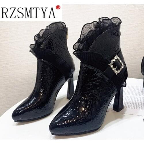 Rimocy Women Sexy Pointed Toe Super High Heels Ankle Boots Autumn Winter Warm Short Plush Booties Woman Shiny Sequin Botas Mujer
