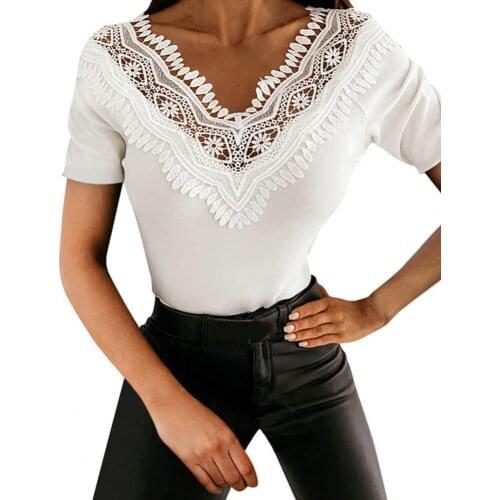 Summer Women T-shirt Elegant White Lace V-neck Hollow Patchwork Casual Top Top Club Streetwear Women Clothing Рубашки 2021