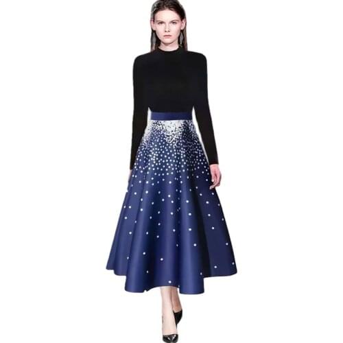 Spring Autumn Runway Fashion Two Piece Set Women Knitted Sweater Top + Flower Print High Waist Long Skirt Suit Set S69518 S69518