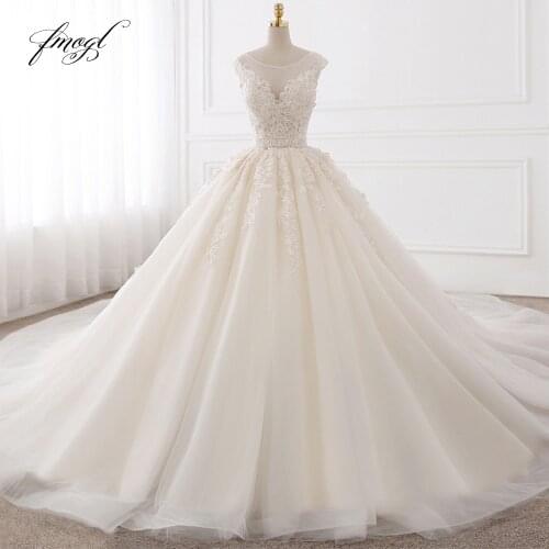 Fmogl Vestido De Noiva Sexy Backless A Line Wedding Dresses 2021 Appliques Lace Royal Train Tulle Bride Gowns Plus Size