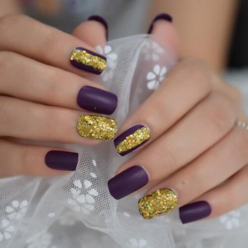Gold Mix Glitter Faux Ongles Medium Grape Purple Matt Frosted Pre-designed Acrylic Artificial Nail Art Tips 24 CT