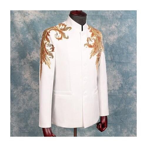 100%real luxury mens white stand collar sequined embroidery tuxedo suit /event/stage performance/jacket with pants