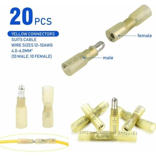 20Pcs Insulated Heat Shrink Wire Crimp Connectors Male&Female Crimp Bullet Terminals Electrical Wire Splice terminals 12-10AWG