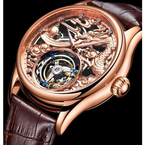 AESOP Tourbillon Watch Automatic Watch Men Zodiac Dragon Unique Design Wristwatch Men Leather Strap Clock часы мужские наручные