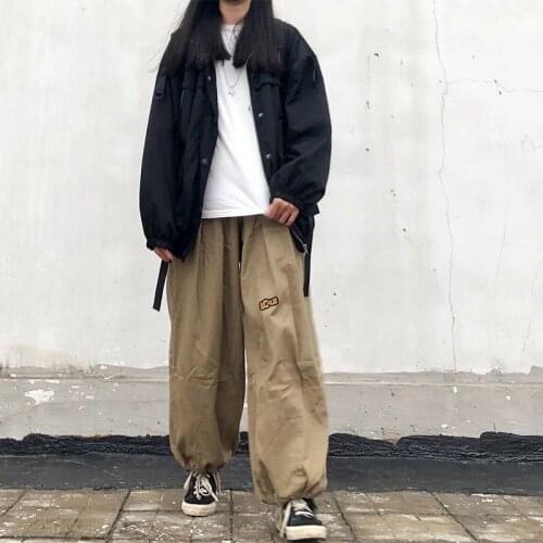 QWEEK Streetwear Khaki Cargo Pants Women Harajuku Hip Hop Oversize Baggy Loose Wide Leg Trousers For Female Casual Bloomers