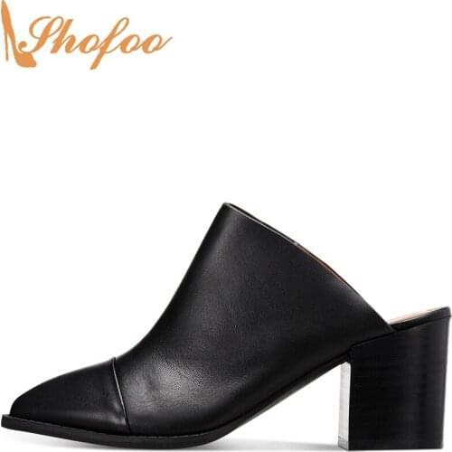 Black Mules Pumps High Chunky Heels Women Pointed Toe Slip On Ladies Summer Fashion Office Mature Shoes Large Size 15 16 Shofoo