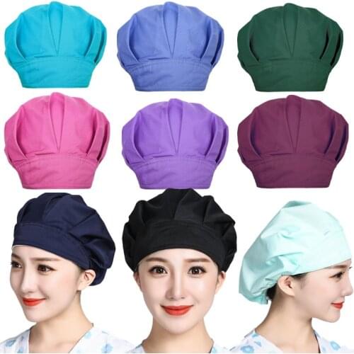 Reusebale Unisex Cotton Working Caps Solid Color Women Men Bouffant Hats With Sweatband Hair Cover Scrub Caps Work Wear Kitchen