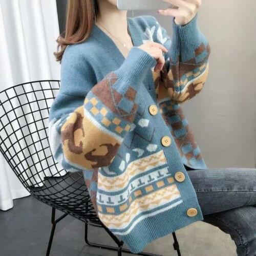 Female Sweaters Spring Autumn Knitted Cardigans Coat For Women Long Sleeve Korean Loose Patchwork Sweaters Cardigan Femme W2069