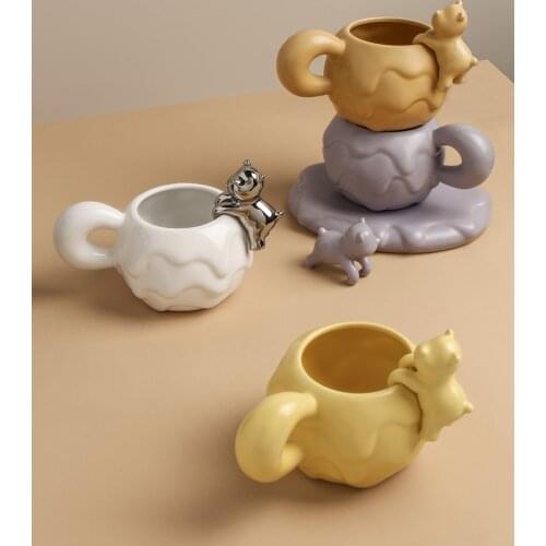 Nordic cute cartoon ceramic coffee mugs cup and saucer set office couple water cup female home breakfast milk oatmeal mug 465ml