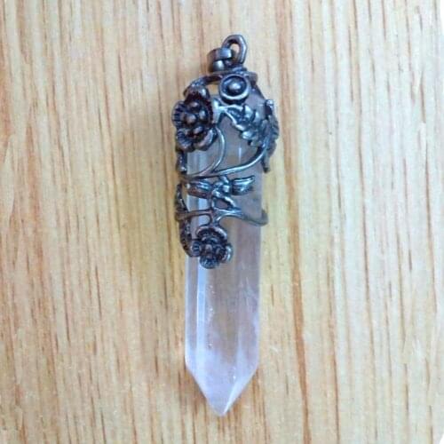 KFT Silver Plated Natural Healing Clear Crystal Quartz Pendulum Hexagon Prism With Flower Stone Pendant Fashion Jewelry