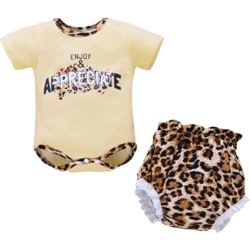 2PCS Baby Girl Summer Clothes, Short Sleeve Letter Print Bodysuit + Leopard Shorts Bloomers Casual Outfits Set