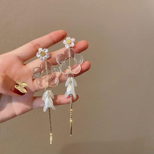 Korean Fashion Sweet Acrylic Flower Dangle Earrings Shining Rhinestone Long Tassel Earrings Party Jewelry 2021 New Arrival