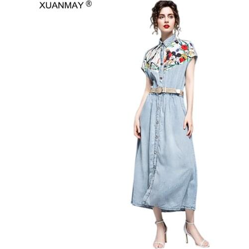 Summer Retro Denim Dress Elegant Chiffon Print Pattern Super long thin style denim Dress Job seekers Blue Short sleeve Dress