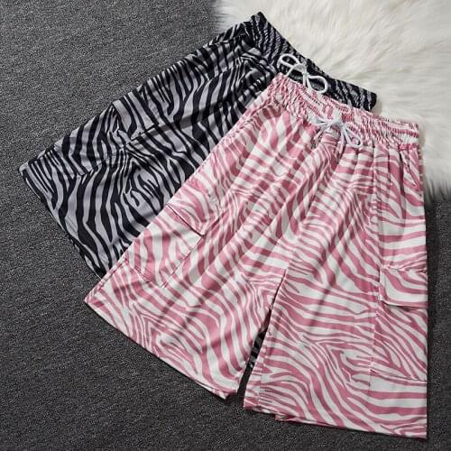 Summer New Mens And Womens Thin Overalls Shorts Japanese College Style Zebra Print Big Pocket Street Wide-Leg Five-Point Pants