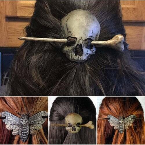 Death Moth/Skull Hair Pin Stick Slide with Faux Bone for Women Halloween Party Cosplay Props SK88